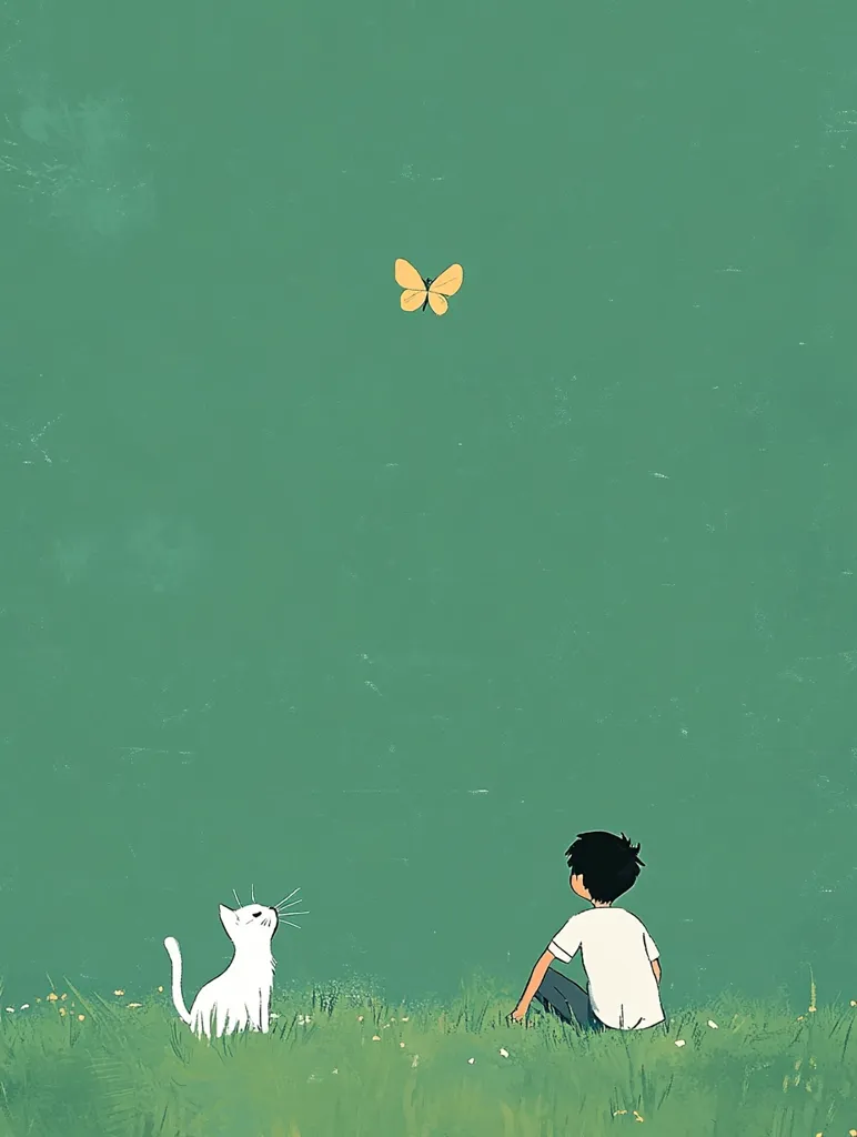 A serene illustration depicts a boy and a white cat seated in a grassy field, their gazes directed upwards towards a single yellow butterfly floating against a muted green sky. The scene exudes tranquility and a sense of peaceful observation. The simple, minimalist style enhances the image's calm atmosphere.