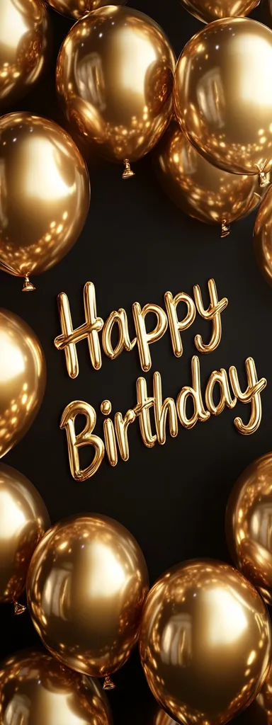 A black background is adorned with numerous shiny gold balloons, surrounding the words "Happy Birthday" written in gold, balloon-style lettering. The image is striking and celebratory, perfect for a birthday greeting. The reflective quality of the balloons adds to the luxurious feel.