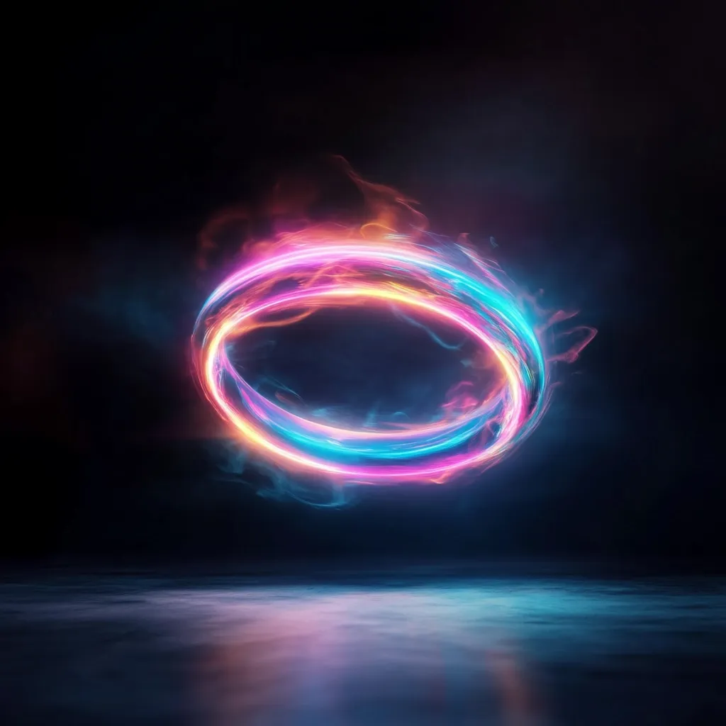 A vibrant, double-ringed neon circle floats in a dark, smoky space.  The inner ring glows a warm orange-pink, while the outer ring is a cool, electric blue.  Surrounding the rings is a hazy, ethereal glow, creating a visually striking and otherworldly effect. The scene is reflected faintly on a dark, reflective surface below.