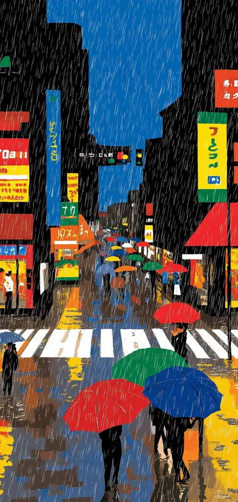 A vibrant illustration depicts a bustling city street on a rainy night.  People, carrying colorful umbrellas, navigate a crosswalk amidst the downpour.  Brightly lit storefronts and Japanese signage line the street, creating a lively, yet wet, urban atmosphere. The artist's bold colors and stylized rain create a dynamic and energetic scene.