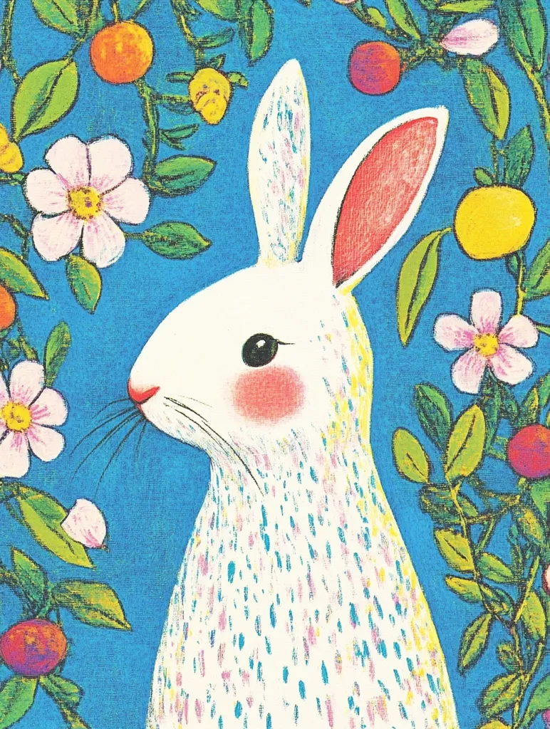 A charming illustration showcases a white rabbit, adorned with delicate pink and blue speckles, set against a vibrant blue backdrop.  Surrounding the rabbit are blossoming pink flowers and bright orange citrus fruits on lush green branches, creating a lively and colorful springtime scene. The rabbit's pink-tipped ears and rosy cheeks add to its endearing appeal. The style is reminiscent of children's book illustrations.