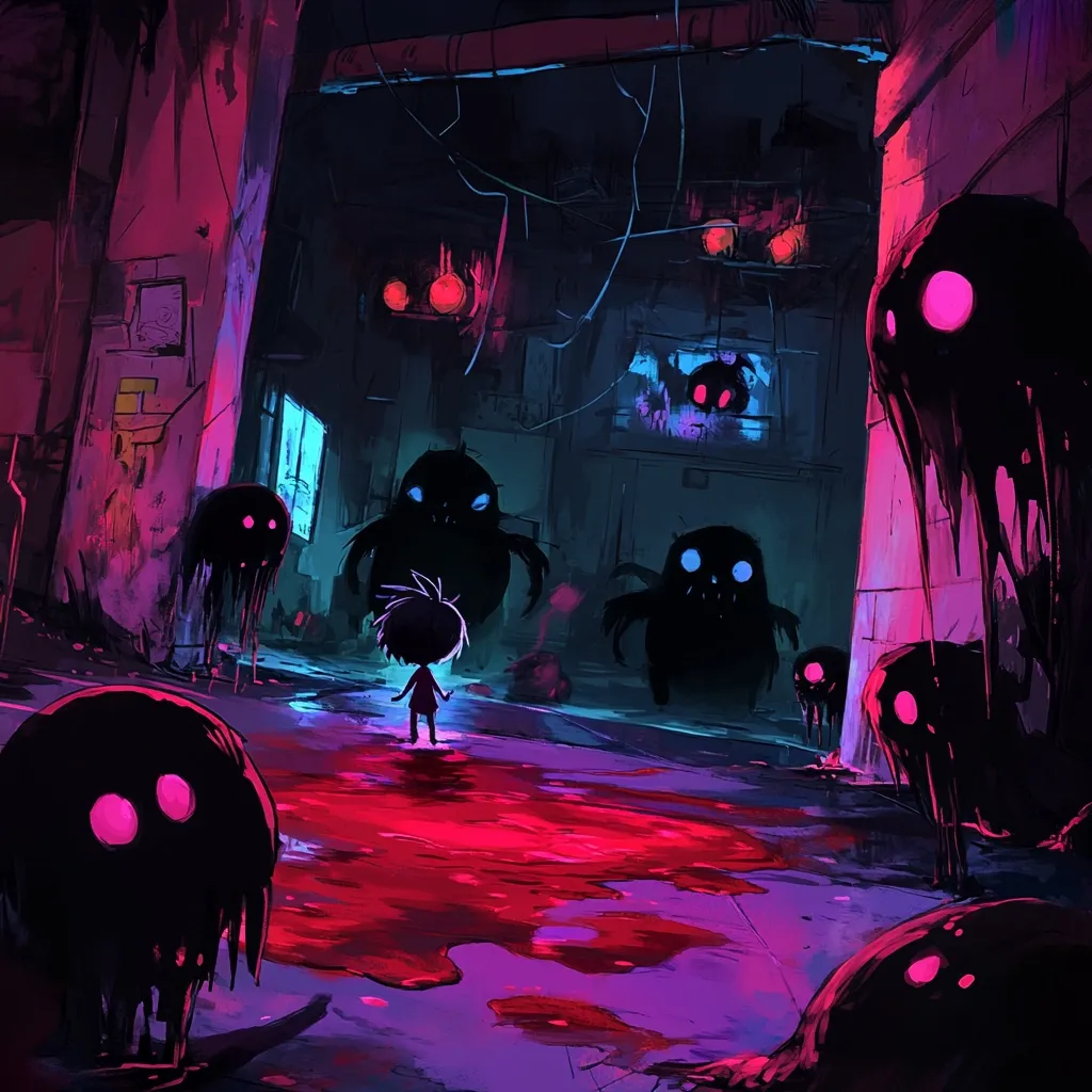 A small child stands alone in a dark, neon-lit alleyway surrounded by ominous, shadowy creatures.  The ground is stained crimson, adding to the unsettling atmosphere.  The creatures vary in shape and size, some resembling melting blobs with glowing eyes, others like monstrous spiders.  The overall scene is eerie and suggestive of a horror or fantasy setting.