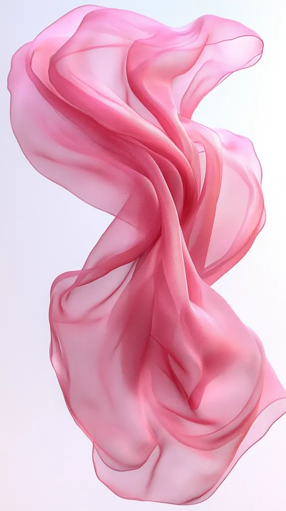 A sheer, rose-pink fabric floats against a light background.  The delicate material is draped and twisted, creating soft folds and curves. Its translucent nature allows light to pass through, highlighting the subtle variations in color and texture.  The overall impression is one of lightness, airiness, and elegance.