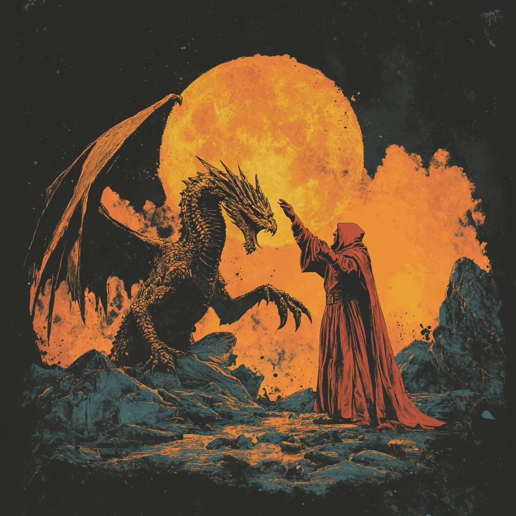 A majestic dragon and a hooded figure stand in a dramatic confrontation beneath a large, fiery orange moon.  The dragon, powerfully built with large wings, faces the cloaked figure who extends a hand towards it.  The scene is set against a dark, smoky landscape, creating a mystical and intense atmosphere.  The artwork uses a bold color palette of oranges, blacks, and muted greens, giving it a vintage, fantasy feel.