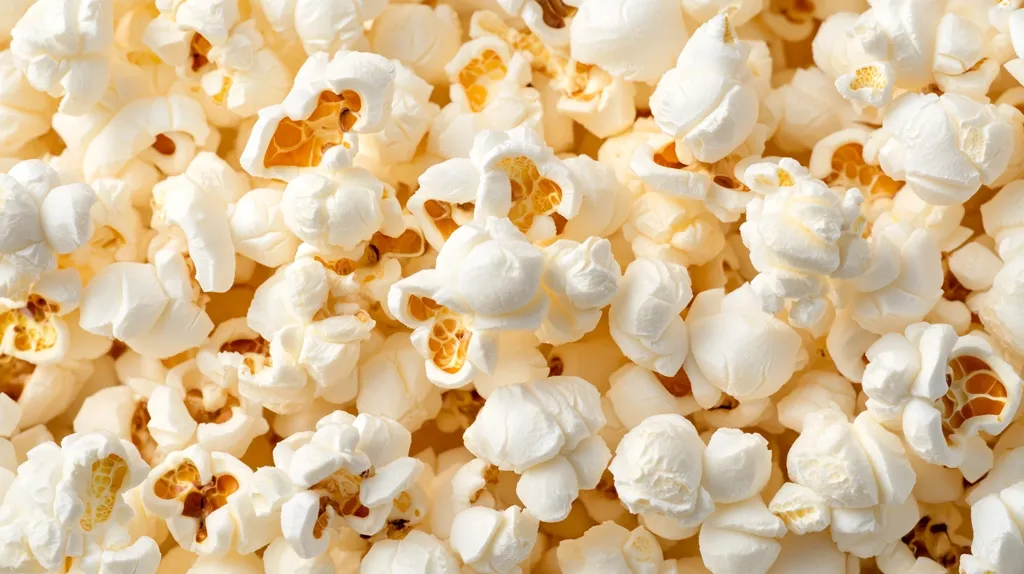 A close-up shot reveals a large quantity of popcorn, filling the entire frame.  The popcorn kernels are fluffy and white, with some exhibiting a light golden hue at their centers where they've popped.  The image offers a detailed texture of the popcorn, showcasing the irregular shapes and slightly uneven surfaces of the kernels.