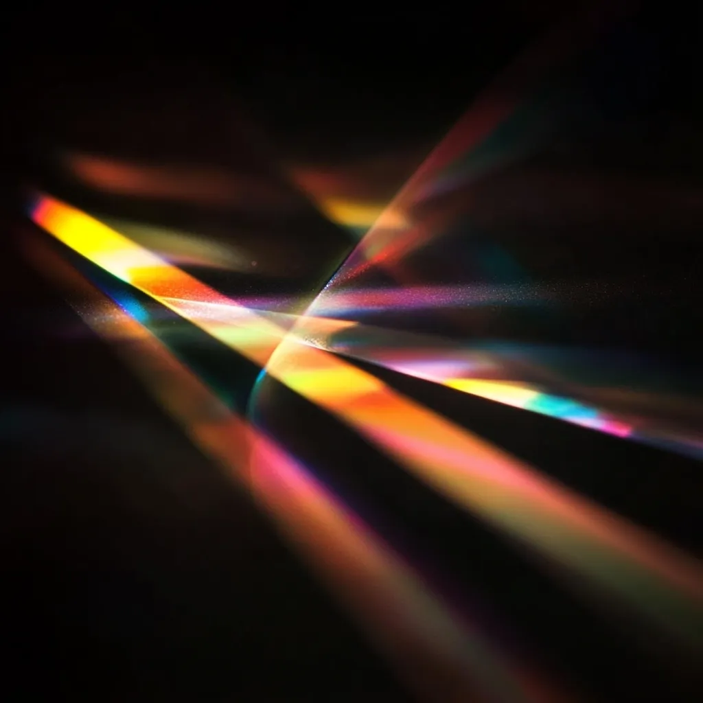 A close-up shot reveals vibrant, multicolored light beams emanating from a central point, dispersing across a dark background.  The light displays a spectrum of colors, including yellows, oranges, pinks, and blues, creating a dynamic and abstract composition. The sharp lines of light contrast with the deep black, emphasizing the brilliance and intensity of the colors.