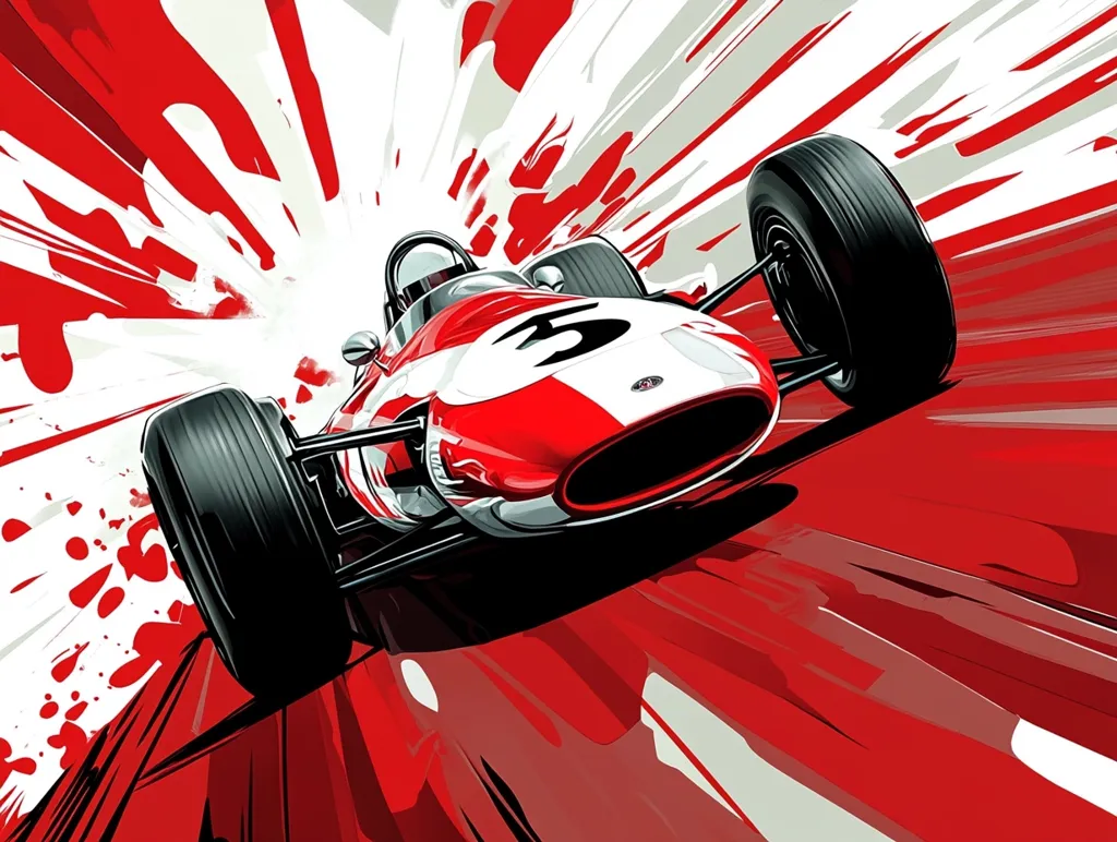 A vibrant illustration depicts a classic red and white Formula 1 race car speeding across a dynamic, red and white striped track.  The car, number 5, is rendered in a bold, stylized manner, with exaggerated speed lines creating a sense of motion and energy.  The background explodes with paint splatter effects, adding to the dynamic composition. The overall style is reminiscent of vintage racing posters.