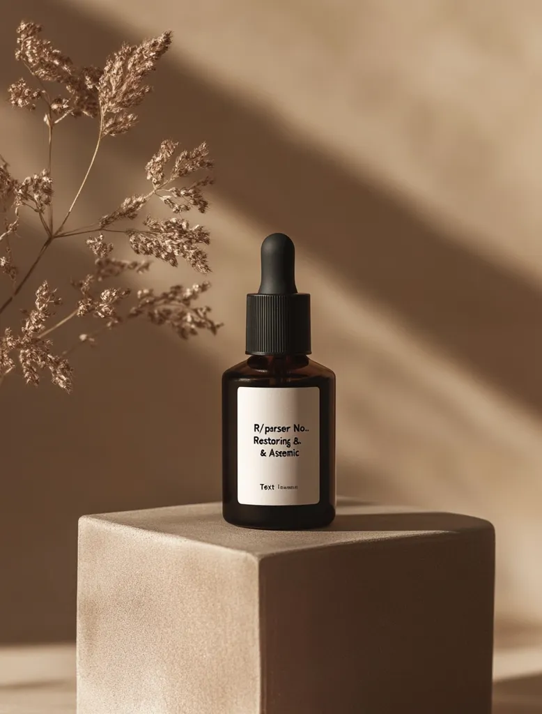 A dark amber glass bottle with a black dropper top sits on a light beige cube.  The bottle is labeled "R/parser No.., Restoring & Asemic, Text [unreadable]". Dried beige flowers are subtly placed in the background, casting soft shadows on the muted background.  The overall aesthetic is minimalist and calming.