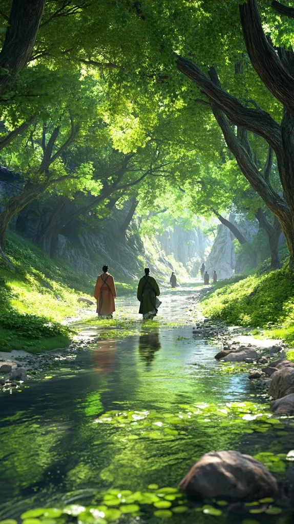 Two figures in traditional East Asian robes walk away from the viewer along a tranquil stream, nestled within a lush, verdant forest.  Sunlight filters through the dense canopy of trees, illuminating the clear water and the path ahead.  Other figures are visible in the distance, adding to the serene and mystical atmosphere of the scene.  Rocks line the banks of the stream, adding texture to the idyllic landscape.