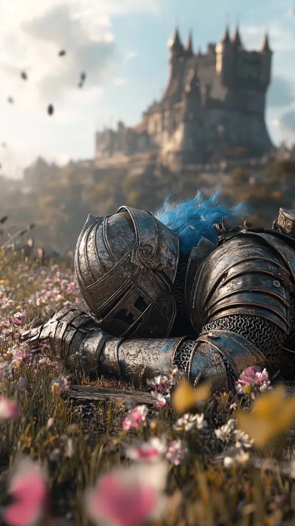 A weathered knight, adorned in tarnished armor and with vibrant blue hair, lies prostrate in a field of wildflowers.  The knight's helmet rests on the ground, their face obscured.  A majestic castle stands in the blurred background, a silent witness to the scene.  The overall mood is one of peaceful defeat or weary rest.