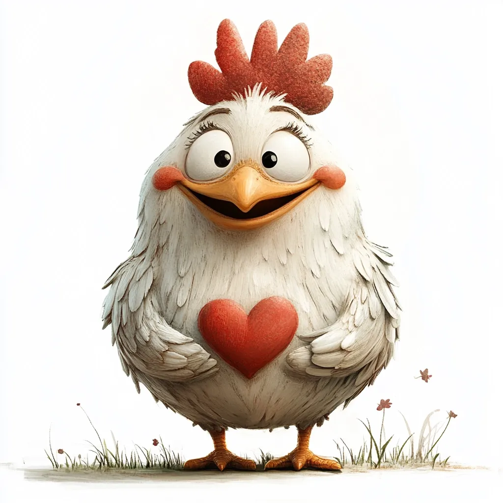 A charming, cartoon hen with large eyes and a rosy comb holds a red heart.  Its fluffy white plumage and joyful expression convey warmth and affection.  The hen stands in a small patch of grass against a white background, creating a sweet and endearing image.  The overall style is playful and digitally rendered.