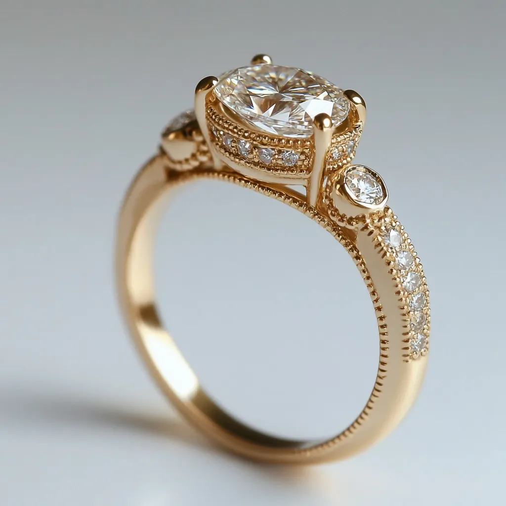 A gold ring features a large oval-cut diamond as its centerpiece.  Smaller diamonds are meticulously set along the band, creating a sparkling accent.  The design is elegant and ornate, with detailed millgrain edging.  The ring is photographed against a neutral background, highlighting its exquisite craftsmanship and brilliance.