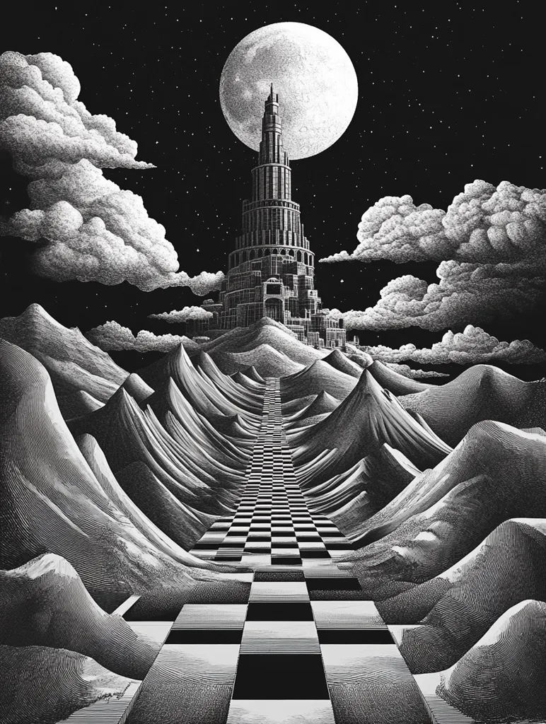 A monochromatic illustration depicts a towering, intricate structure perched atop a mountain range under a full moon.  The path leading to the structure is a checkered pathway receding into the surreal, undulating landscape.  The style is reminiscent of meticulous engravings, creating a dreamlike and slightly ominous atmosphere.  Clouds drift across the night sky, enhancing the mystical feel of the scene.