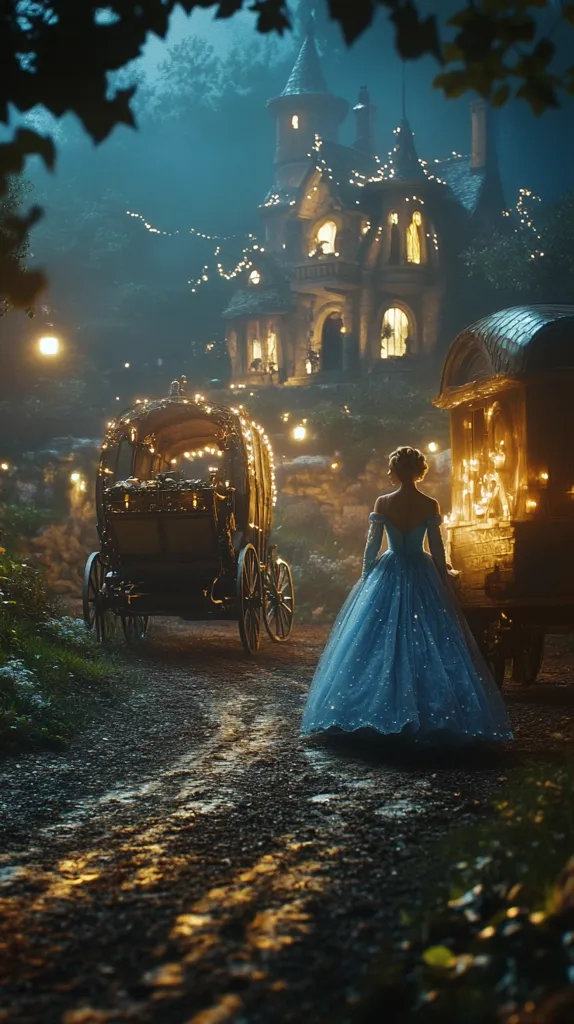 A young woman in a sparkling blue gown stands on a dirt path at twilight.  Behind her, a horse-drawn carriage adorned with fairy lights awaits.  In the background, a fairytale-like house glows warmly, illuminated by string lights. The scene is magical and evocative of a classic fairy tale.  The atmosphere is serene and mysterious, with a touch of fantasy.