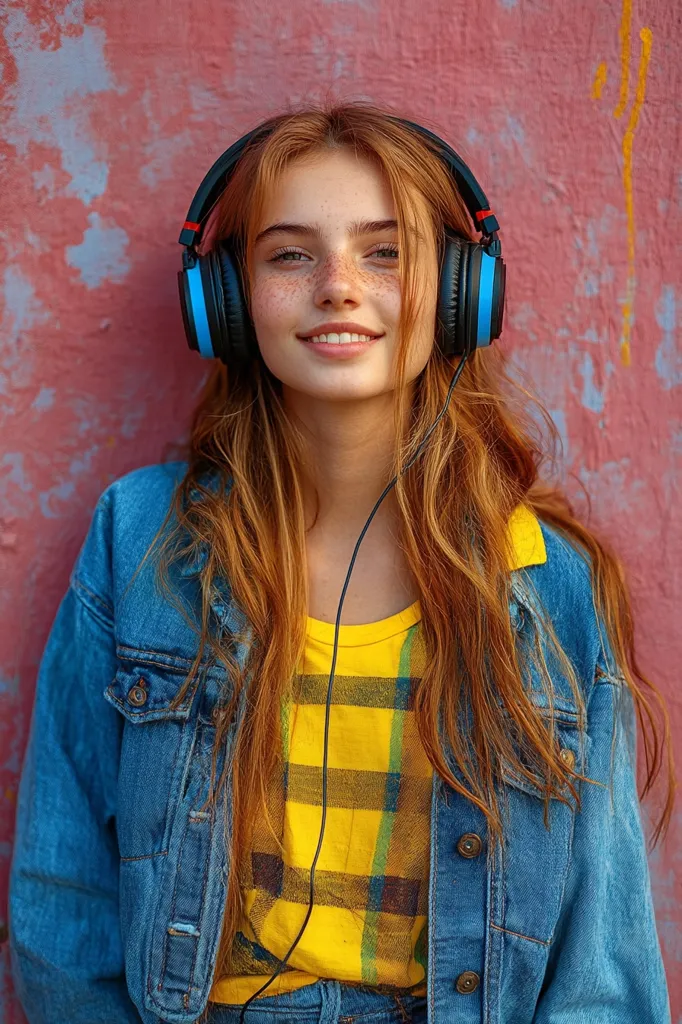 A young woman with long, wavy red hair wears black headphones with blue accents. She's smiling serenely, leaning against a textured pink wall. Her attire consists of a denim jacket over a yellow plaid shirt and jeans. The overall mood is relaxed and carefree, suggesting a casual and enjoyable moment.