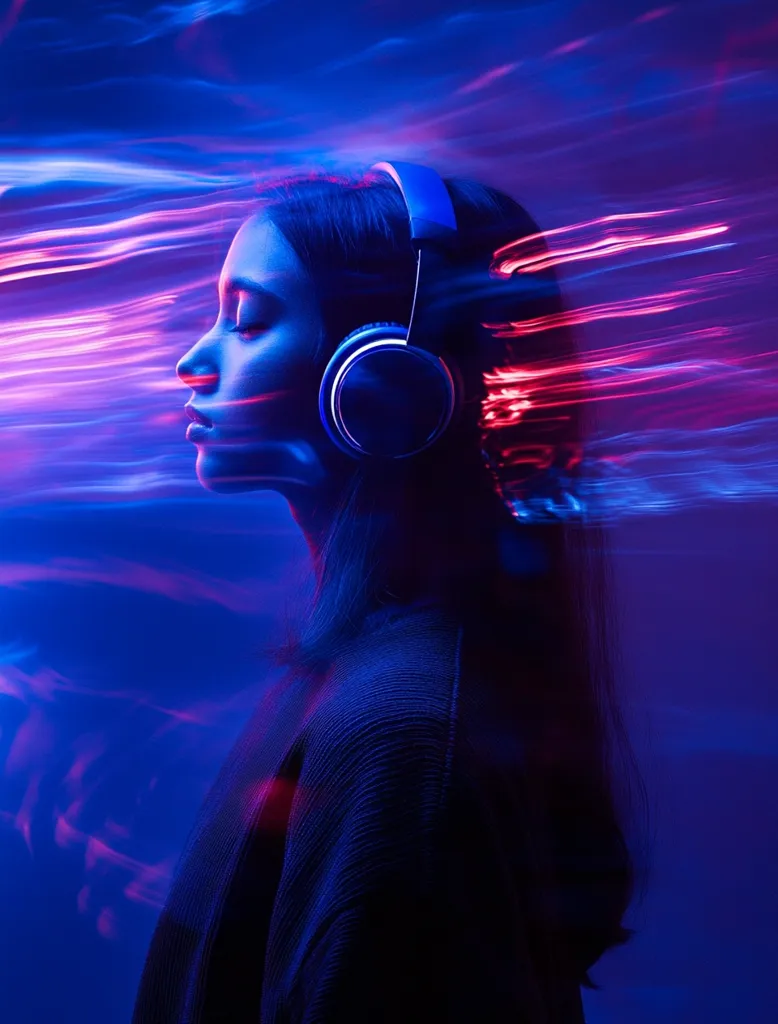 A young woman with long dark hair wears blue headphones.  She is bathed in vibrant blue and pink neon light, creating a dynamic, almost ethereal atmosphere.  The background features streaks of light, suggesting movement and energy.  Her eyes are closed, implying a state of peaceful immersion in music. The overall image is stylish and evocative of a sensory experience.