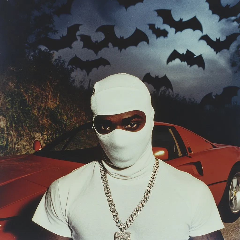 A man wearing a white balaclava and a large, iced-out chain stands in front of a red sports car.  Silhouetted bats fill the dark sky above. The image has a moody, almost menacing atmosphere, suggesting a blend of wealth and mystery. The contrast between the bright white clothing and the dark background emphasizes the figure's presence.