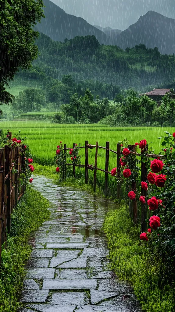 A stone pathway lined with vibrant red roses winds through a lush green landscape under a heavy rain.  The path leads towards a tranquil rice paddy, backed by rolling, rain-washed mountains.  The scene is serene and picturesque, showcasing the beauty of nature in its rainy splendor. A rustic wooden fence borders the path, enhancing the charming rural atmosphere.