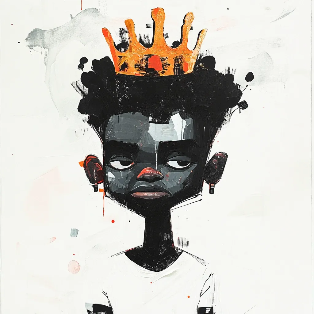 A stylized portrait of a young Black boy, crowned with an orange crown.  His expression is serious, almost melancholic. The artwork utilizes bold black and gray tones for the figure, contrasted by a bright orange crown and splatters of paint on a white background. The style is expressive and somewhat abstract, with visible brushstrokes. The overall effect is powerful and evocative.