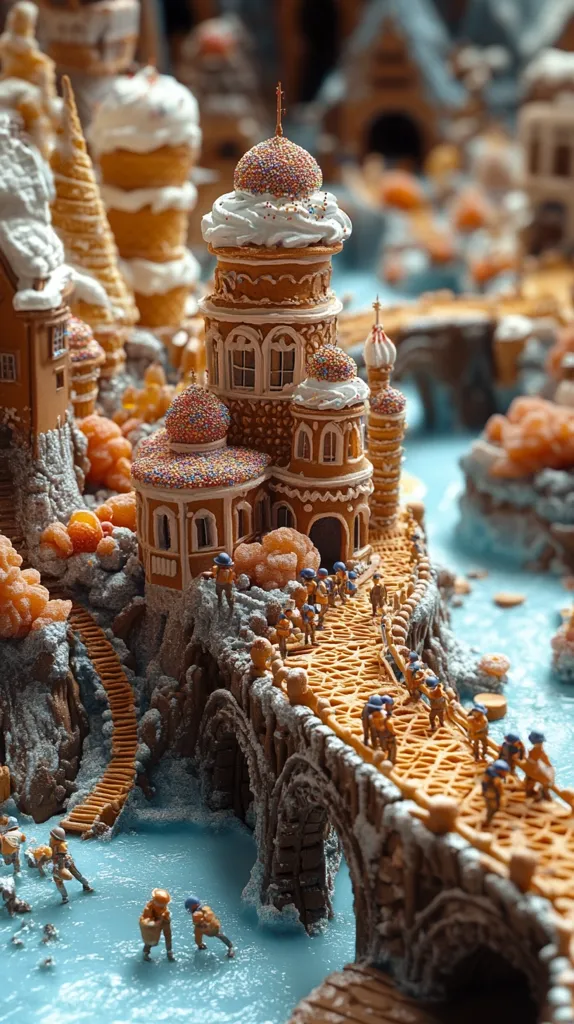 A breathtaking gingerbread village meticulously crafted, showcasing an intricate castle as its centerpiece.  Tiny figures traverse a detailed bridge leading to the castle, which features ornate details and a whimsical, colorful dome.  The scene is set against a backdrop of sugared landscapes and a flowing candy river, creating a magical, edible world.