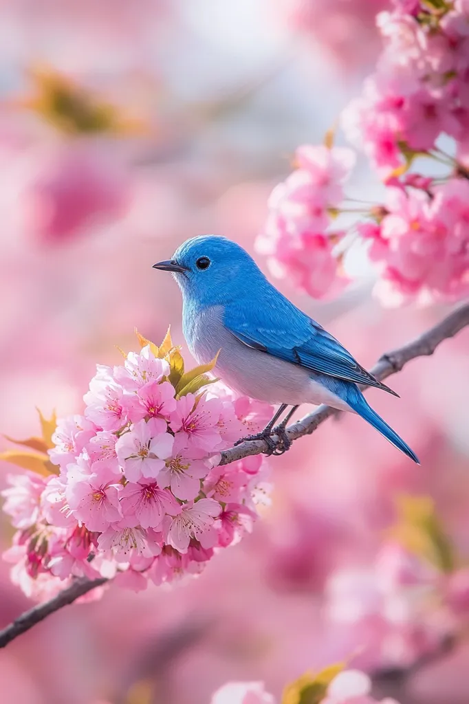 A vibrant blue bird perches delicately on a branch adorned with a cluster of soft pink cherry blossoms.  The blossoms create a beautiful, blurred background of pastel pink hues, enhancing the bird's bright blue feathers.  The scene evokes a sense of springtime serenity and natural beauty.