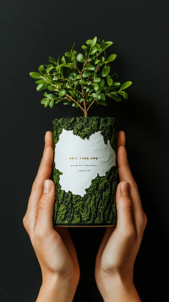 Two hands gently cradle a small potted plant. The pot is cylindrical, designed to resemble tree bark, textured and dark green.  A white label with gold lettering is affixed, partially obscuring the bark texture. The plant, with vibrant green leaves, sprouts from the top. The background is a stark black, emphasizing the plant and its unique container.