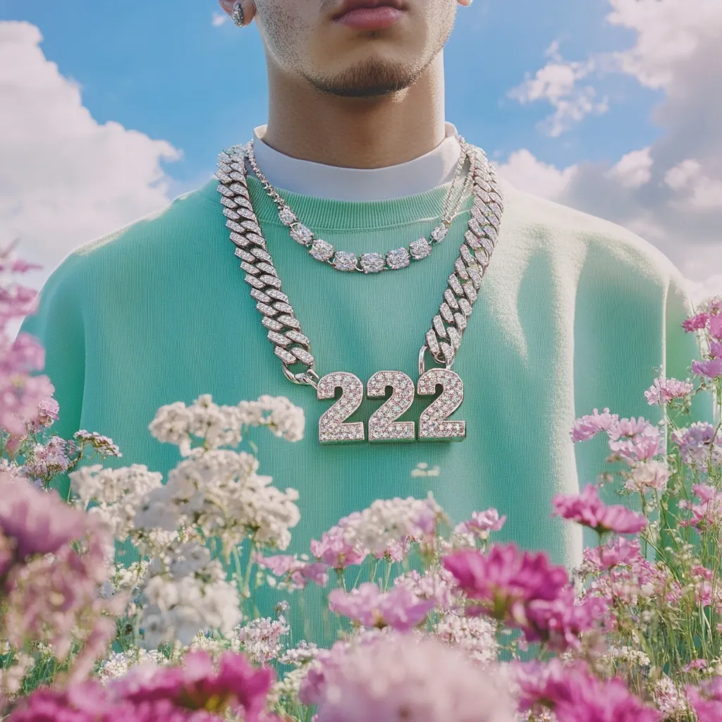 A person wearing a mint green sweatshirt stands amidst a field of flowers.  They sport two prominent necklaces: a smaller, diamond-encrusted chain and a larger, chunky Cuban link chain with a large "222" pendant, also adorned with diamonds.  The sunny sky and vibrant floral backdrop create a striking contrast to the cool-toned clothing and jewelry.