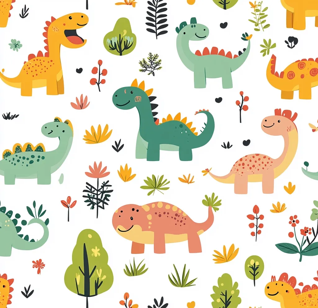 A cheerful, seamless pattern features various cartoon dinosaurs in vibrant colors against a white background.  The dinosaurs are depicted in playful styles, each with unique designs and colors.  Simple, stylized flora and fauna, including trees and flowers, complete the whimsical prehistoric scene, suitable for children's fabric or wallpaper.