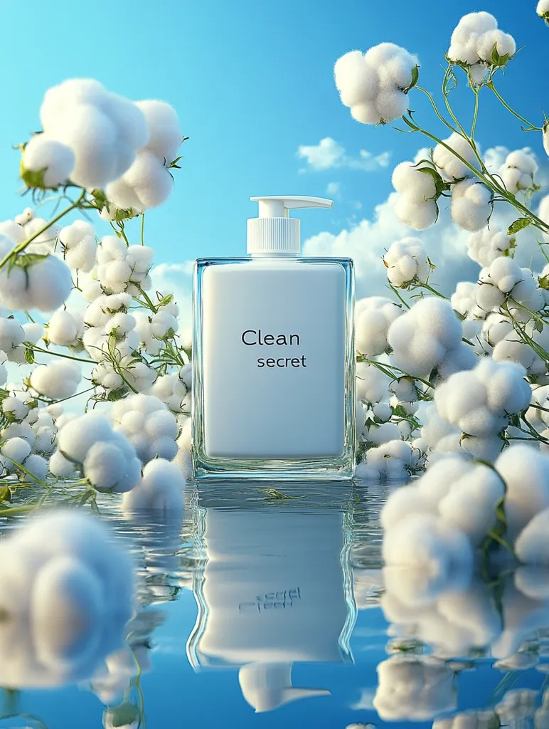 A rectangular bottle of "Clean Secret" lotion sits on a reflective surface amidst fluffy cotton plants under a bright blue sky.  The bottle's simple design and white label emphasize a clean, fresh aesthetic.  The image evokes feelings of purity, serenity, and natural beauty.  The reflection mirrors the bottle and cotton blossoms, enhancing the overall tranquil atmosphere.
