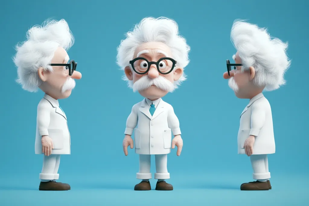 A 3D-rendered cartoon scientist is shown from three different angles.  He's an elderly, jovial character with wild white hair, round glasses, a prominent mustache, and wears a white lab coat and trousers. The light blue background emphasizes the figure, showcasing a playful and friendly portrayal of a scientist.