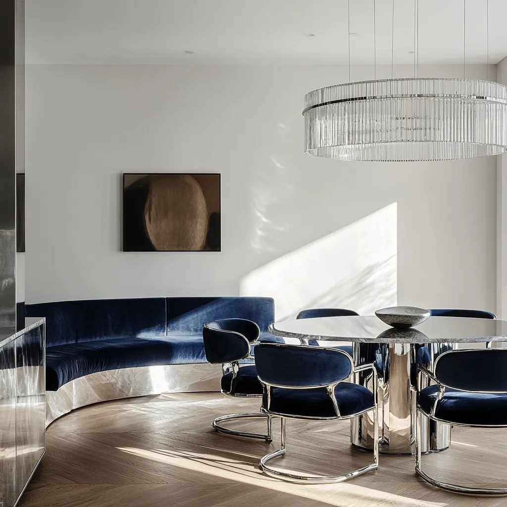 A modern dining area features a curved, navy blue velvet banquette against a white wall adorned with abstract art.  A large, circular chrome and glass chandelier hangs above a round marble dining table surrounded by chrome and navy blue velvet dining chairs. Sunlight streams through a window, illuminating the polished wooden floor. The overall aesthetic is sleek and sophisticated.
