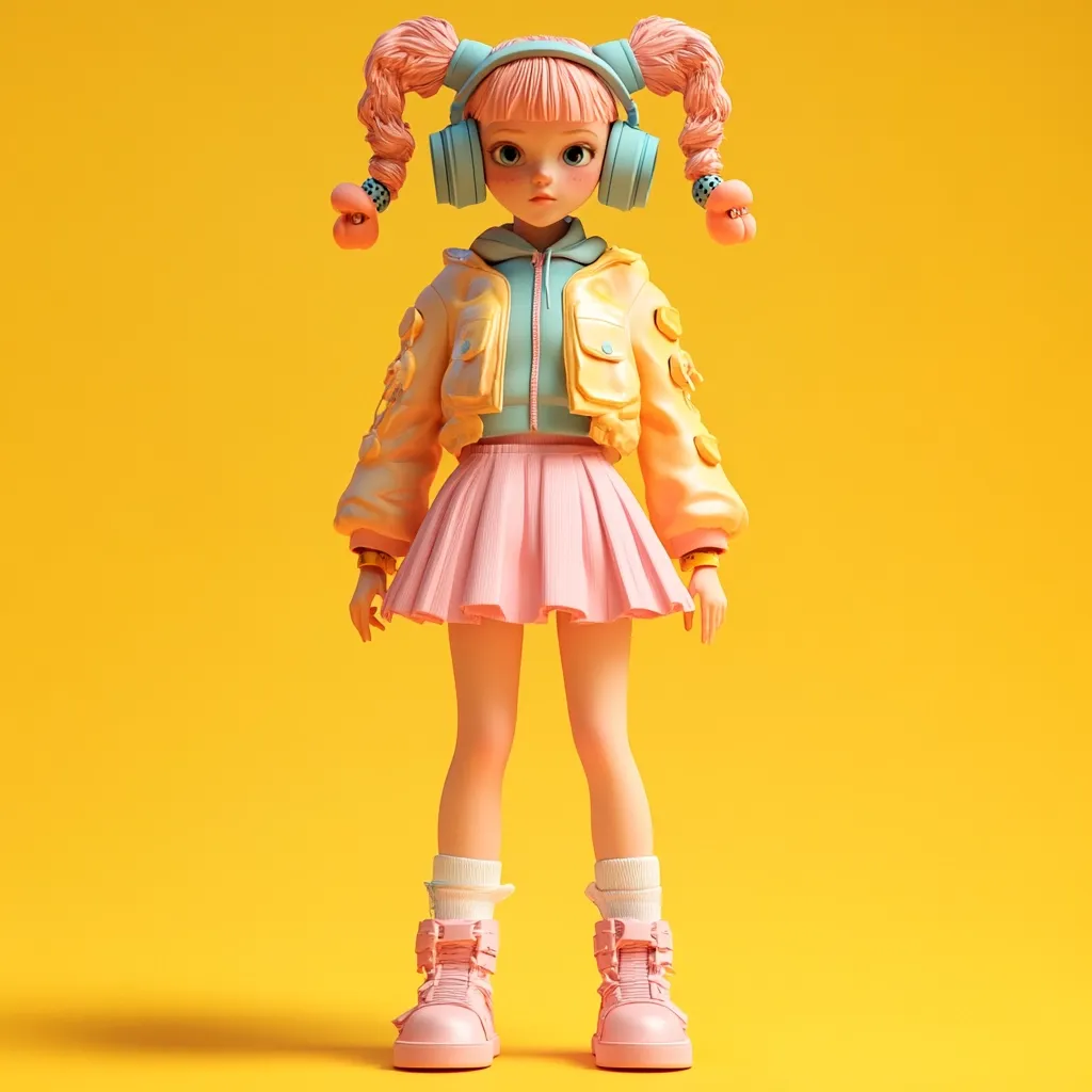 A 3D-rendered anime-style girl stands against a vibrant yellow background.  She's dressed in a pastel pink pleated skirt, a yellow jacket adorned with whimsical details, and light pink boots.  Her pigtails are styled with small decorative accents, and she wears light blue headphones. The overall aesthetic is playful and charming, with a focus on soft, bright colors.