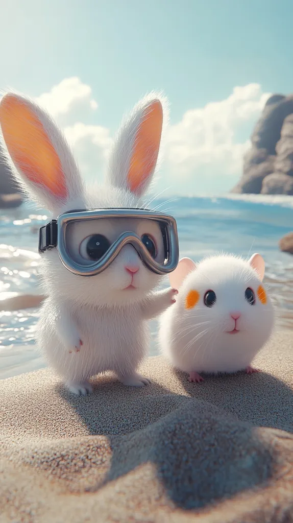 A cute white rabbit wearing diving goggles stands on a sandy beach next to a fluffy white hamster.  The ocean is visible in the background, with bright sunlight and a few clouds in the sky.  The scene is idyllic and whimsical, depicting the two animals enjoying a day at the beach.  The image is digitally created and highly stylized.