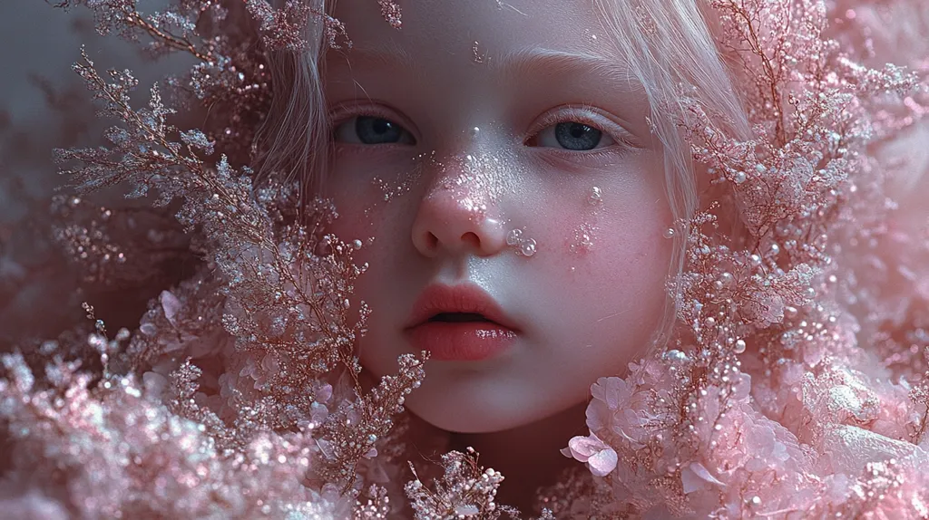 A close-up portrait of a young girl with fair skin and blonde hair, adorned with delicate, glistening pink floral accents.  Her face is subtly highlighted, creating a dreamy, ethereal effect. The image's soft focus and pastel tones evoke a sense of fantasy and innocence. The overall aesthetic is romantic and whimsical.