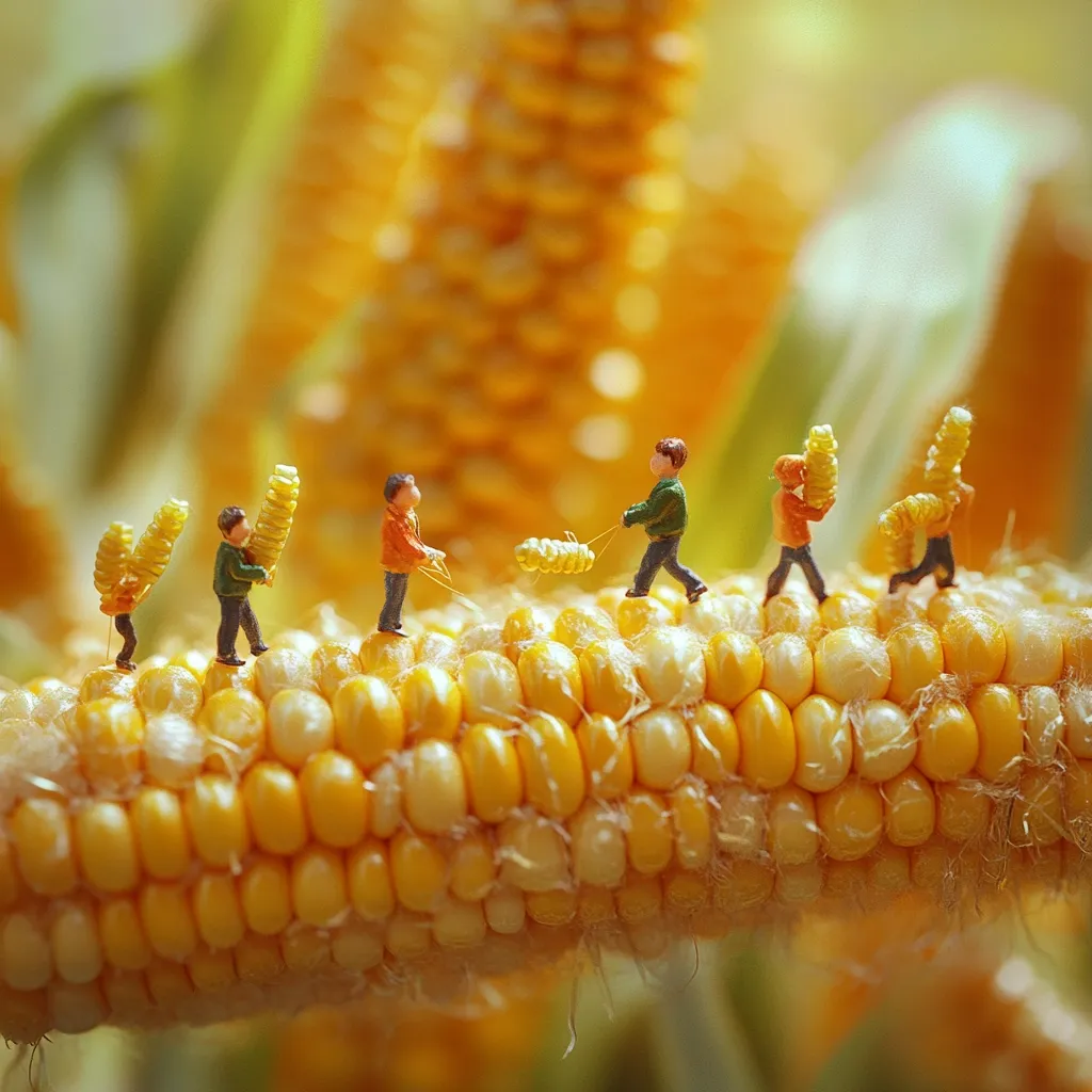 Miniature figures are depicted carrying smaller corn cobs along a large, ripe corn cob.  The scene is set against a softly focused background of more corn, creating a whimsical, harvest-themed image.  The tiny figures, dressed in various colors, appear to be working together, suggesting a cooperative effort in the field. The overall effect is charming and imaginative.