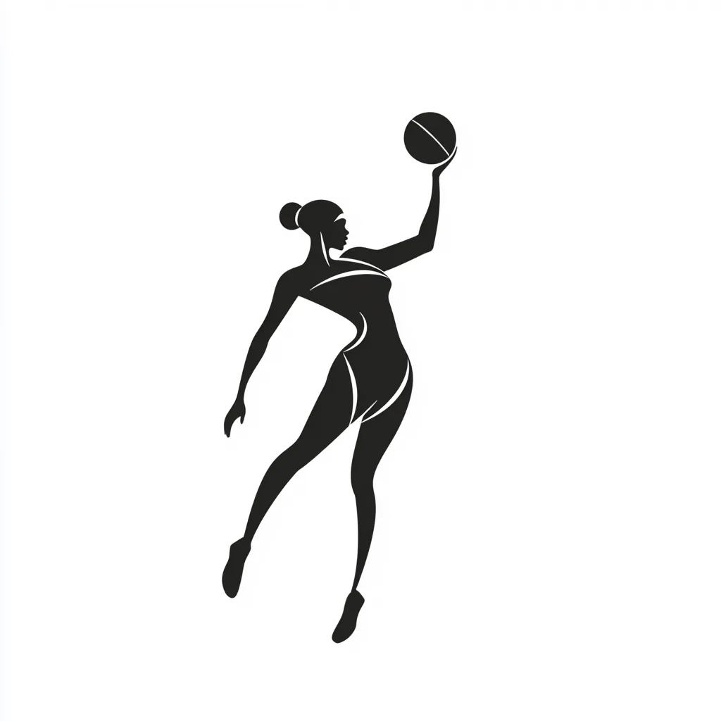 A stylized black silhouette of a female basketball player is depicted.  She is elegantly poised mid-jump, her body dynamically arched as she prepares to shoot the ball held high above her head. The design is minimalist and graphic, emphasizing movement and athleticism. The image is suitable for logos, sports apparel, or promotional materials.