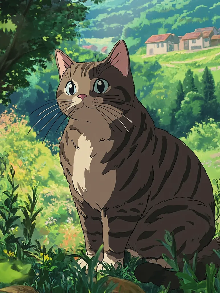 A large tabby cat sits amidst lush green foliage, gazing thoughtfully into the distance.  A quaint village nestled in rolling hills forms a picturesque backdrop. The cat's expression is serene, and the overall style suggests an anime or animation aesthetic. The scene is peaceful and idyllic.