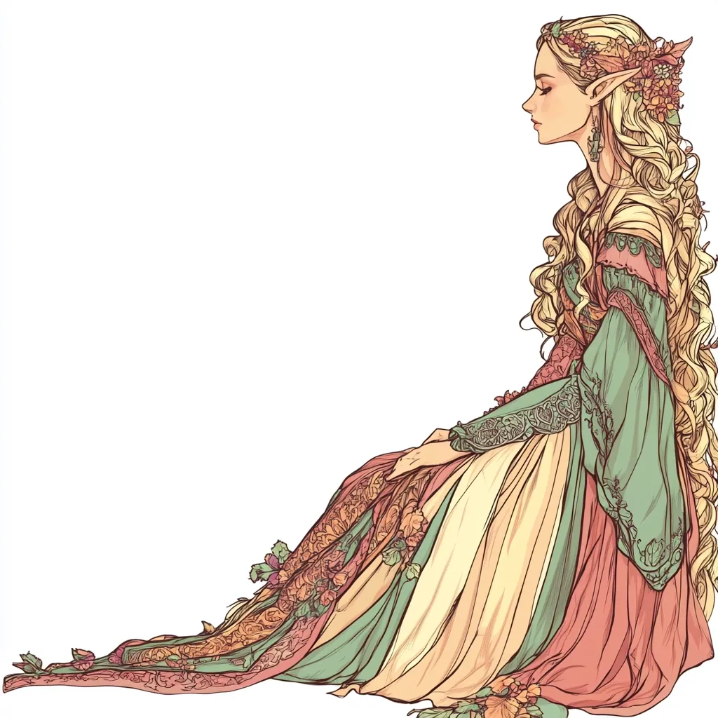 A serene elf maiden with long blonde hair adorned with flowers sits in profile.  She wears an elaborate, multi-colored gown with intricate lace detailing and floral embellishments. The gown's long train trails behind her, showcasing a flowing, graceful design.  The overall style is elegant and reminiscent of fantasy art.