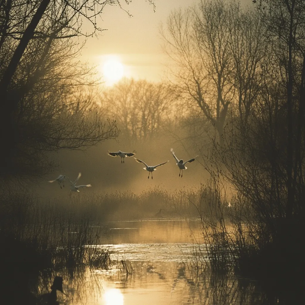Four birds fly in formation over a calm, misty lake at sunrise.  Bare winter trees line the water's edge, their silhouettes stark against the golden light. The tranquil scene evokes a sense of peace and the quiet beauty of nature awakening.  The sun peeks through the branches, casting a warm glow on the water.