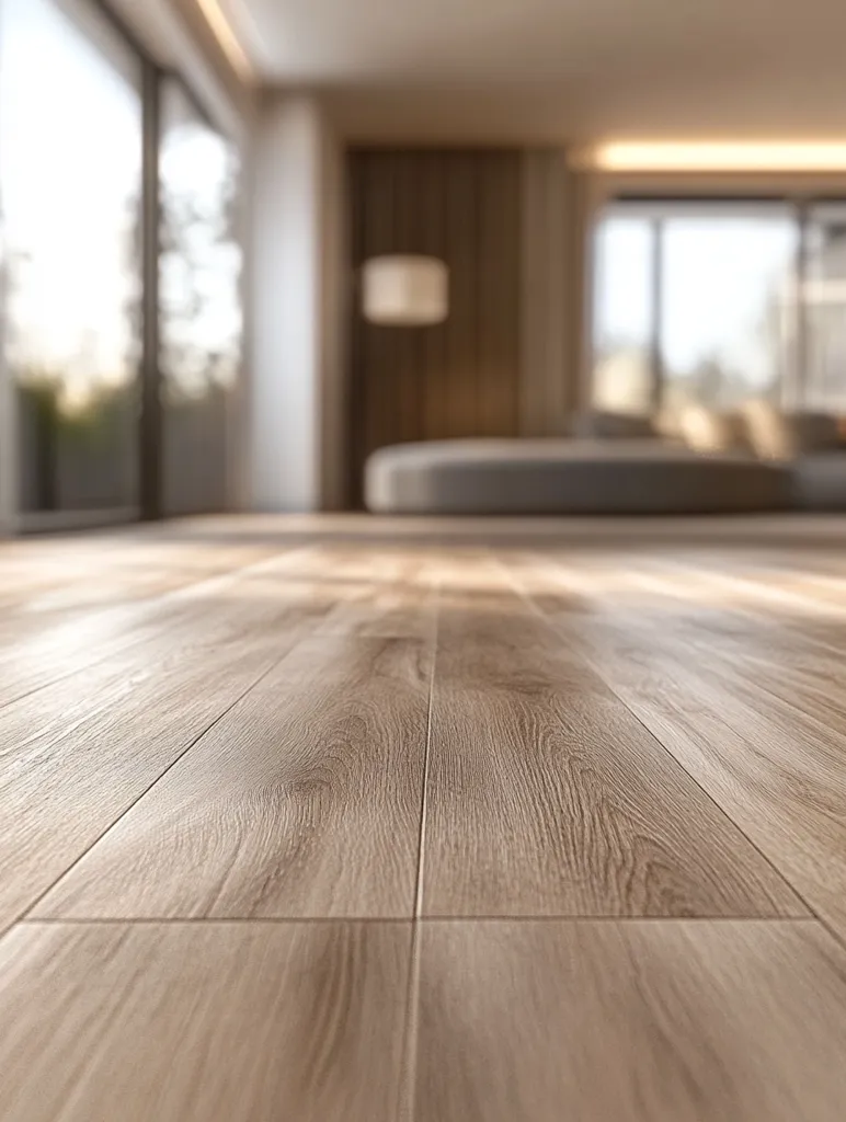 The image showcases a light brown wood-like floor, extending from the foreground to a blurred background.  The background depicts a modern, minimalist living space with large windows letting in natural light, and a neutral color palette.  The focus is sharply on the flooring, creating a clean and sophisticated aesthetic.  The overall impression is one of calm and contemporary design.