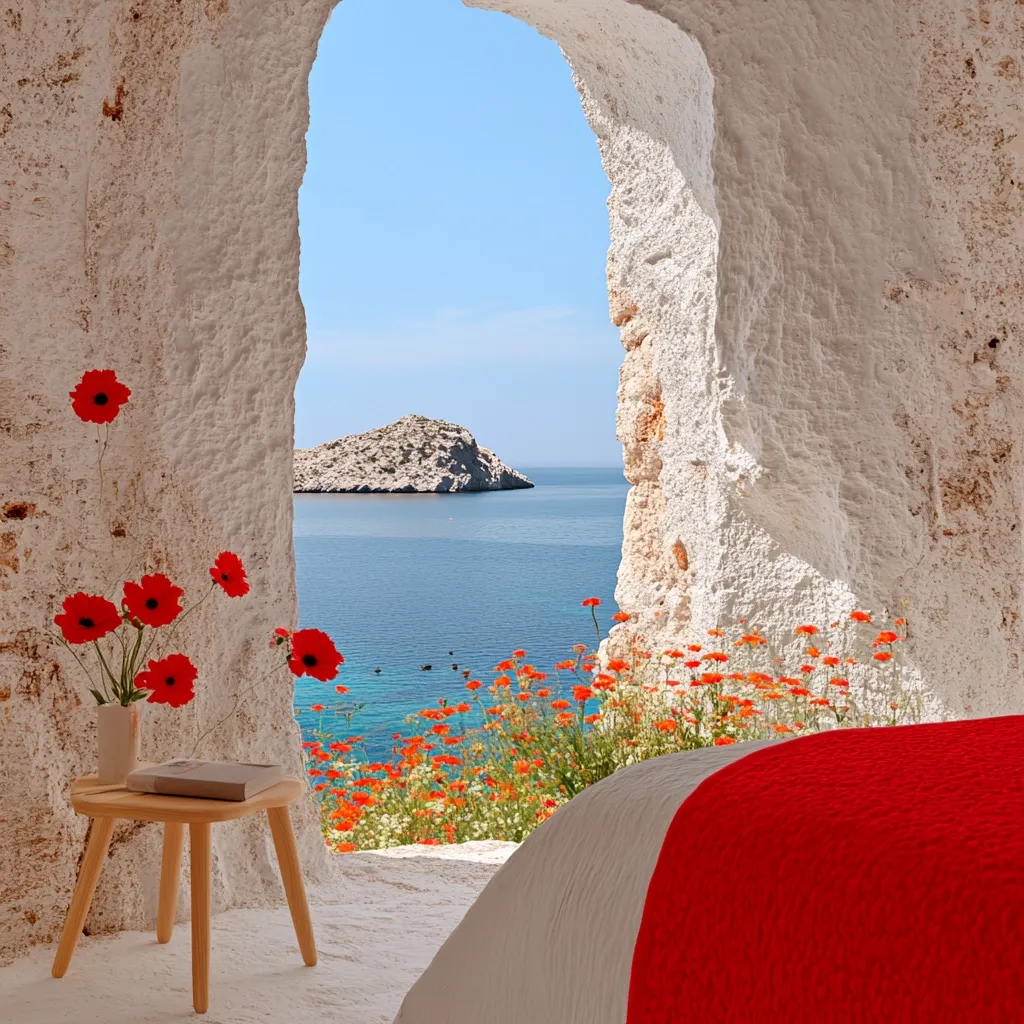 A serene bedroom scene unfolds, featuring a whitewashed alcove framing a breathtaking ocean view.  Red poppies in a vase sit on a small wooden table beside a bed with a vibrant red throw.  A tranquil island rests in the azure water, visible through the arched opening.  The overall aesthetic is calm and luxurious, showcasing a stunning coastal location.