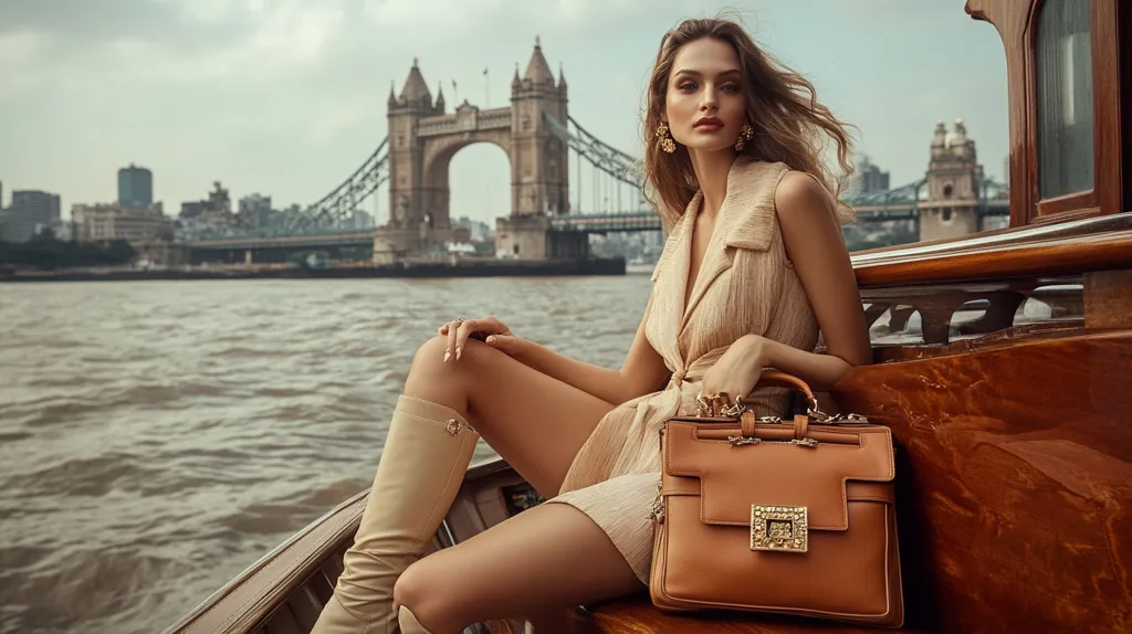 A stylish woman, wearing a beige sleeveless dress and knee-high boots, sits on a wooden boat.  She holds a luxurious brown leather handbag. Tower Bridge in London forms a stunning backdrop to the scene, with the city skyline visible in the distance.  The overall mood is sophisticated and elegant.