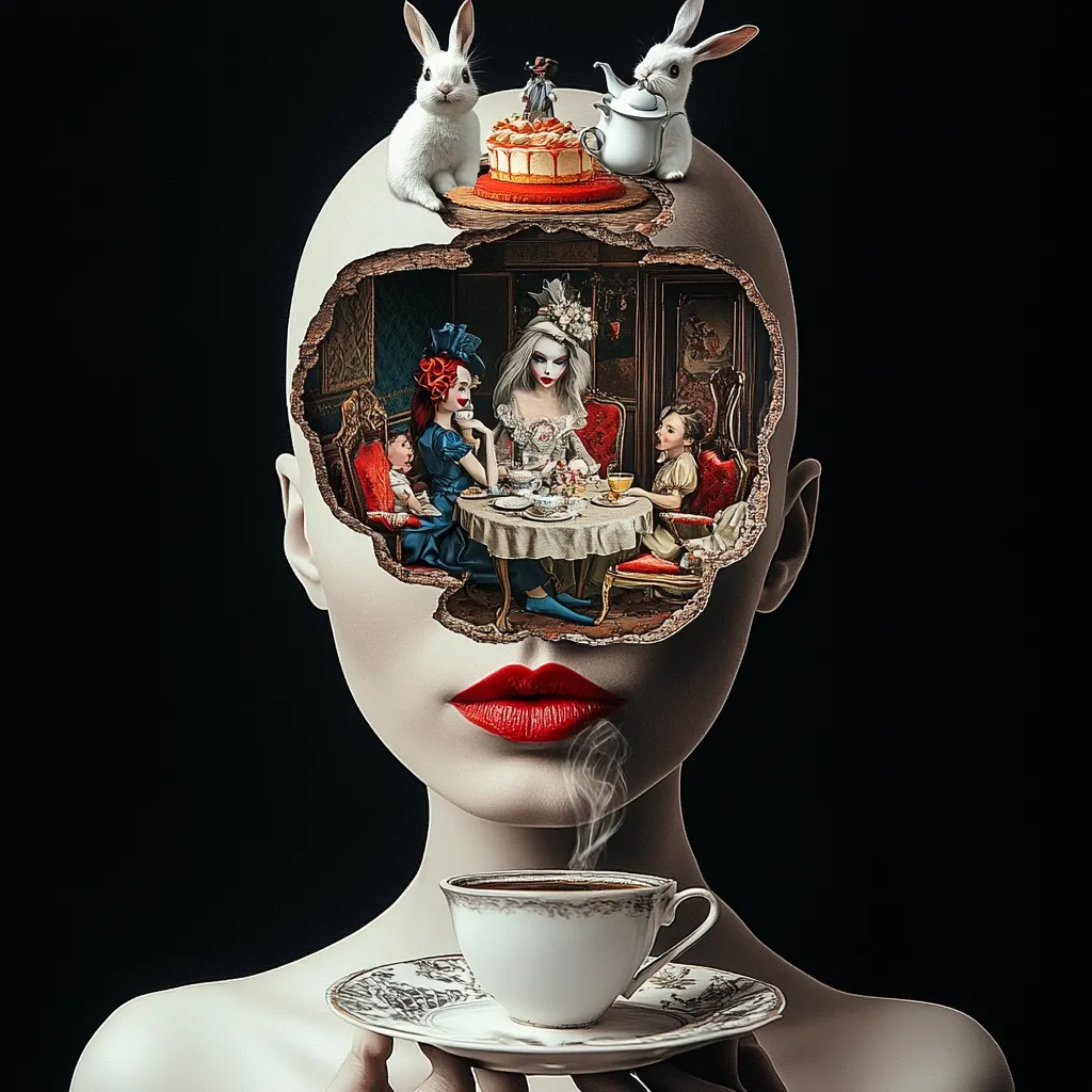 A surreal digital art piece depicts a woman's head with a hole revealing a whimsical tea party scene.  Two white rabbits and a cake sit atop the head. Inside, Alice in Wonderland-esque characters enjoy tea. The woman holds a steaming teacup, adding to the dreamlike atmosphere.  The contrast between the realistic woman and the fantastical inner world creates a captivating visual narrative.