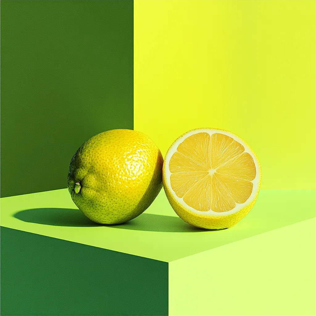 Two lemons sit on a lime green surface against a backdrop of green and yellow. One lemon is whole, while the other is cut in half, revealing its juicy, yellow interior. The bright, contrasting colors and simple composition create a vibrant and visually appealing image.  The scene is well-lit, casting subtle shadows.