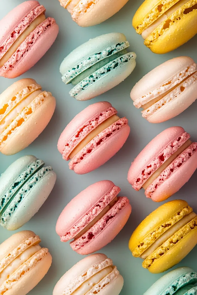A pastel-colored arrangement of macarons.  Rows of delicate French pastries in shades of pink, yellow, light green, and beige are displayed on a light blue background.  Each macaron shows a creamy filling between two crisp shells.  The image showcases the vibrant colors and textures of these elegant treats.