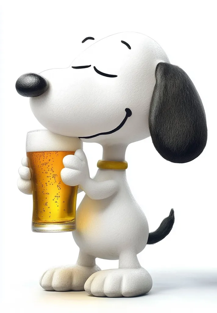 A 3D rendering of Snoopy, the Peanuts beagle, happily holds a pint of beer.  His eyes are closed, suggesting contentment. He's depicted in a cute, fluffy style, wearing a small yellow collar. The beer is golden and bubbly, adding to the cheerful, relaxed atmosphere of the image.