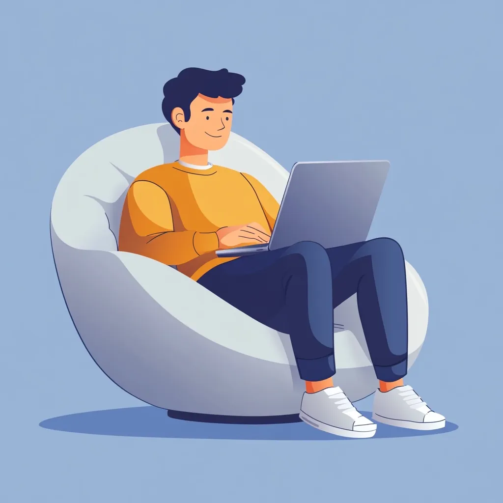 A smiling man sits comfortably in a large, white beanbag chair, working on a laptop. He wears a mustard-yellow sweater and dark blue pants, and his white sneakers are visible. The scene is relaxed and suggests a comfortable workspace or leisure time spent working from home.  The background is a muted blue.