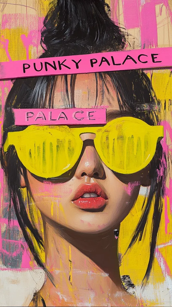 A vibrant portrait showcases a woman with dark hair styled in a topknot, wearing oversized yellow sunglasses.  Bold pink and yellow hues dominate the background, with the words "Punky Palace" prominently displayed.  The style is expressive and textured, blending realism with abstract elements.  The overall effect is energetic and modern.