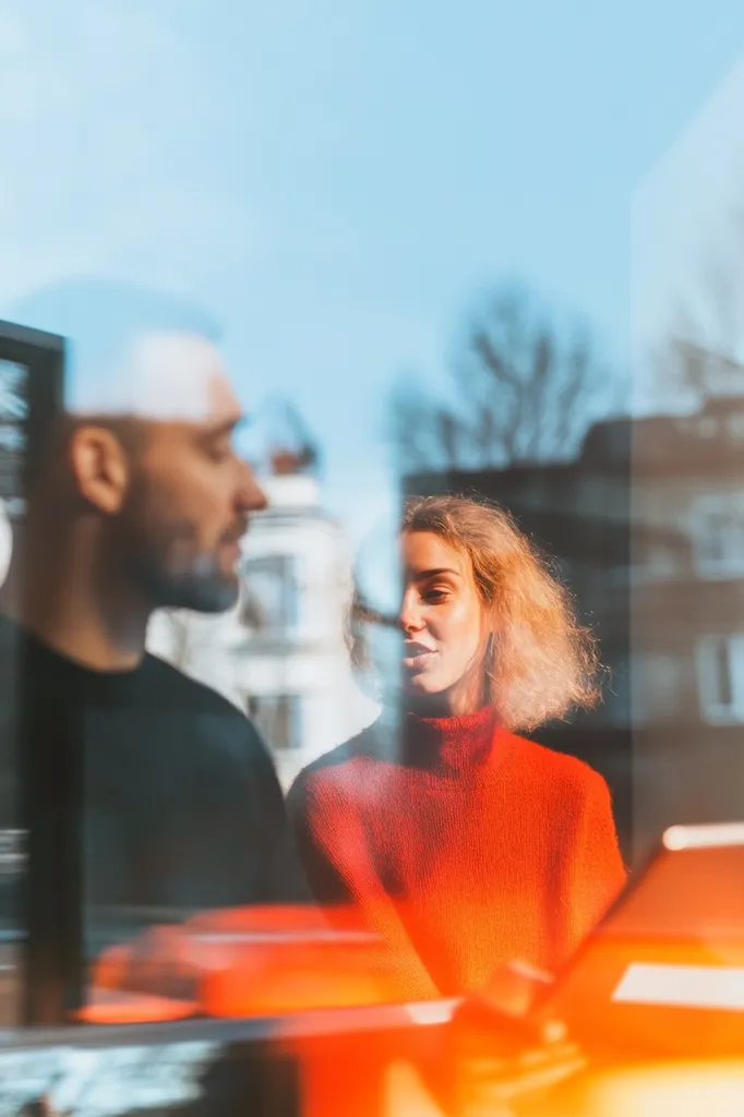 A man and woman are seen through a window, their conversation partially obscured by the reflective glass. The woman, wearing a vibrant red sweater, looks at the man, who is dressed in dark clothing. The background is blurred, showing a city street scene with buildings and trees. Sunlight casts a warm glow on the scene, creating a hazy, dreamlike effect. The image evokes a sense of intimacy and quiet contemplation.