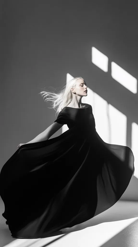 A blonde woman in a flowing black dress is captured in a monochrome photograph.  The dress billows around her as she poses gracefully, her eyes closed, suggesting serenity.  Light streams through a window, casting dramatic shadows and highlighting the texture of the fabric and her pale skin. The overall mood is elegant and ethereal.